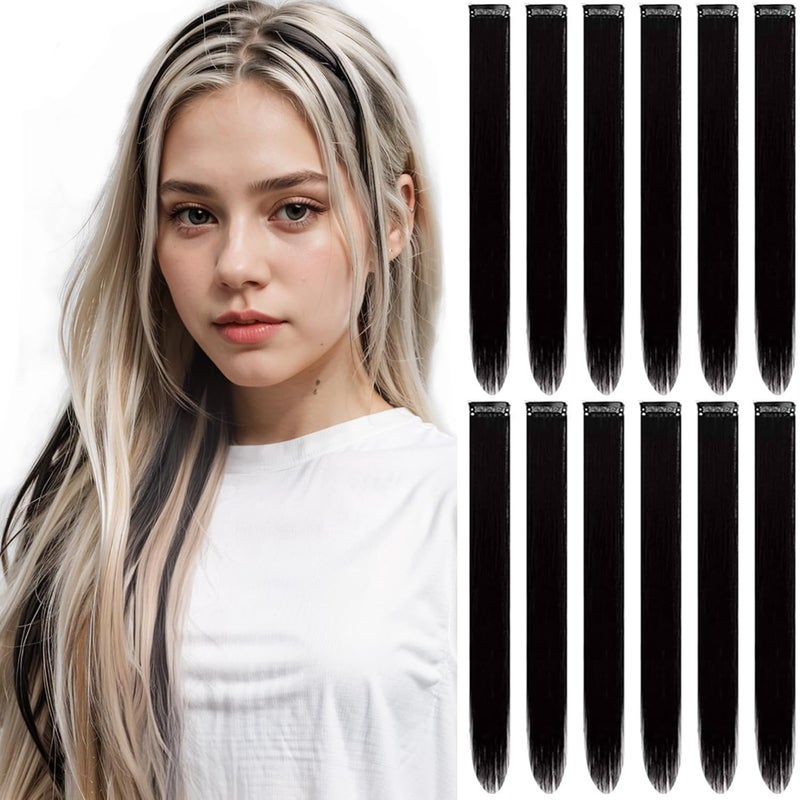 GPOVVIMX 12 PCS Black Hair Extensions Clip in, Colored Party Highlights Extension for Girls Women Synthetic Hairpiece Straight 22 inch - Image 1